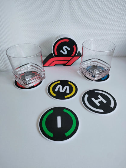 Lot de 5 dessous de verres F1 et son support, Sous-bock pneus Formule 1, Idée cadeau fan F1, Déco F1 Sport automobile